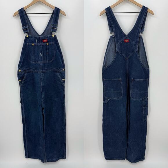 Dickies Denim Bib Overalls 38x30 Blue Carpenter Workwear Utility Rugged Skater - Picture 1 of 9